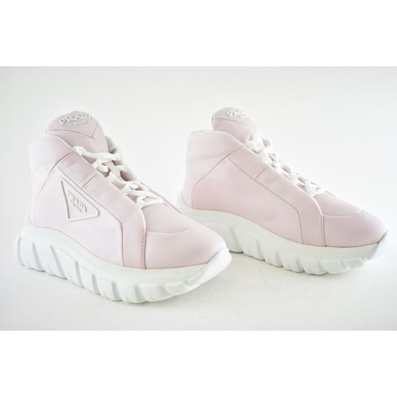 Prada Rush Piuma Nylon Pink White Platform Flat High Top Trainer Sneaker 38.5 - Picture 2 of 11